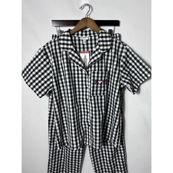 Keith Haring Pajama Set Womens Medium Black Gingham Check Heart Love Cotton - Picture 2 of 15